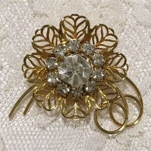 Vintage Gold Filigree Floral Brooch Clear Rhinestone Statement Pin
